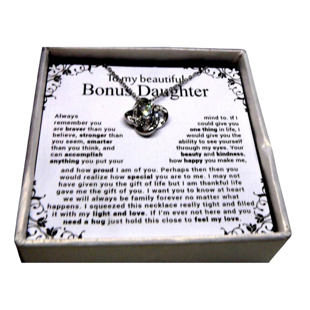 To My Beautiful Bonus Daughter Necklace w Love Knot Pendant Crystals & Gift Box